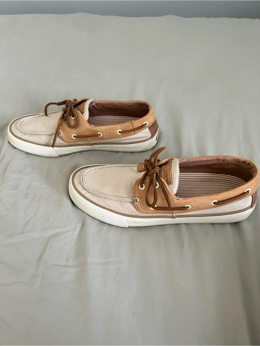 Sperry Two-Tone Beige Canvas and Brown Leather Boat Shoes